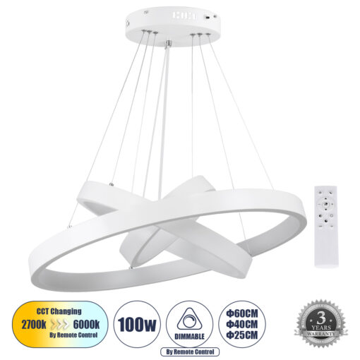 GloboStar® GLOBOSTAR® NEMESIS TRIO 61168-DECO Μοντέρνο Κρεμαστό Φωτιστικό Οροφής LED 100W 12123lm 360° AC 220-240V IP20 Ρυθμιζόμενο Λευκό CCT με Χειριστήριο από 2700K έως 6000K Dimmable - Lumileds SMD Chip - Λευκό - Μ25 x Π40 x Υ60cm - 3 Χρόνια Εγγύηση
