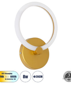 GloboStar® GloboStar® MATILDA 61340 Φωτιστικό Τοίχου - Απλίκα Design LED CCT 8W 960lm 360° AC 220-240V - Εναλλαγή Φωτισμού μέσω Διακόπτη On/Off All In One Ψυχρό 6000k+Φυσικό 4500k+Θερμό 2700k Μ20 x Π5 x Υ25.5cm - Χρυσό - 3 Years Warranty