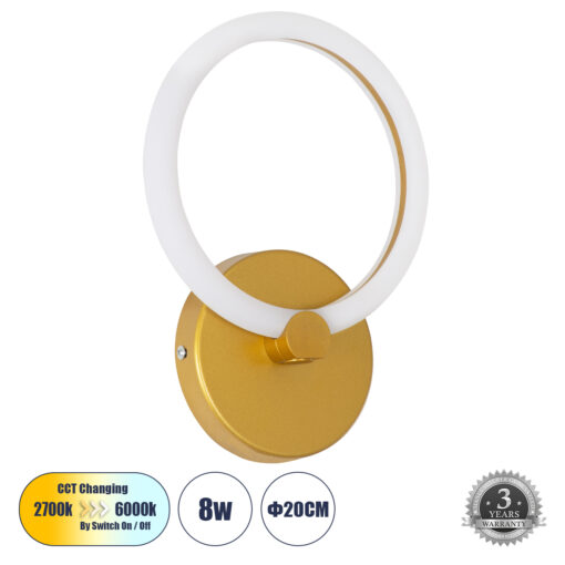 GloboStar® GloboStar® MATILDA 61340 Φωτιστικό Τοίχου - Απλίκα Design LED CCT 8W 960lm 360° AC 220-240V - Εναλλαγή Φωτισμού μέσω Διακόπτη On/Off All In One Ψυχρό 6000k+Φυσικό 4500k+Θερμό 2700k Μ20 x Π5 x Υ25.5cm - Χρυσό - 3 Years Warranty