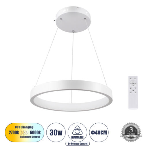 GloboStar® GLOBOSTAR® NEMESIS 61156 Μοντέρνο Κρεμαστό Φωτιστικό Οροφής LED 30W 3513lm 360° AC 220-240V IP20 Ρυθμιζόμενο Λευκό CCT με Χειριστήριο από 2700K έως 6000K Dimmable - Lumileds SMD Chip - Λευκό Ματ - Μ40 x Π40 x Υ4cm - 3 Χρόνια Εγγύηση