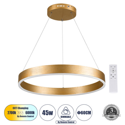 GloboStar® GLOBOSTAR® VENOM 61178 Μοντέρνο Κρεμαστό Φωτιστικό Οροφής LED 45W 5269lm 120° AC 220-240V IP20 Ρυθμιζόμενο Λευκό CCT με Χειριστήριο από 2700K έως 6000K Dimmable - Lumileds SMD Chip - Χρυσό Βούρτσας - Μ60 x Π60 x Υ6.5cm - 3 Χρόνια Εγγύηση