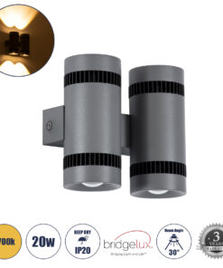 GloboStar® GloboStar® CANNONAL 60579 Φωτιστικό Τοίχου - Απλίκα Αρχιτεκτονικού Φωτισμού Εσωτερικού Χώρου Up & Down LED 20W 2300lm 30° AC 220-240V IP20 Μ12 x Π6.5 x Υ11cm - Θερμό Λευκό 2700K - Γκρι Ανθρακί με Μαύρο - Bridgelux Chip - 3 Χρόνια Εγγύηση