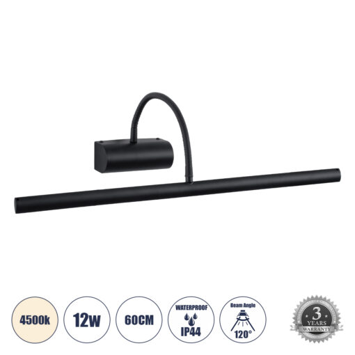 GloboStar® GloboStar® TROIS 60436 Μοντέρνο Φωτιστικό Τοίχου - Απλίκα Καθρέπτη Μπάνιου - Πίνακα LED 12W 1400lm 120° AC 220-240V IP44 Μ60 x Π24 x Υ18cm - Φυσικό Λευκό 4500K - Μαύρο - 3 Χρόνια Εγγύηση