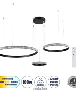 GloboStar® GLOBOSTAR® DIAMOND TRIO 61142 Μοντέρνο Κρεμαστό Φωτιστικό Οροφής LED 100W 12123lm 360° AC 220-240V IP20 Ρυθμιζόμενο Λευκό CCT με Χειριστήριο από 2700K έως 6000K Dimmable - Lumileds SMD Chip - Μαυρό Ματ - Μ110 x Π110 x Υ60cm - 3 Χρόνια Εγγύηση