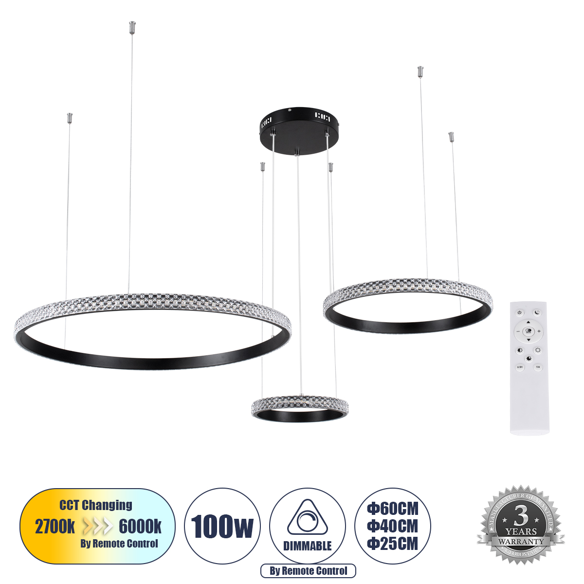GLOBOSTAR® DIAMOND TRIO 61142 Μοντέρνο Κρεμαστό Φωτιστικό Οροφής LED 100W 12123lm 360° AC 220-240V IP20 Ρυθμιζόμενο Λευκό CCT με Χειριστήριο από 2700K έως 6000K Dimmable - Lumileds SMD Chip - Μαυρό Ματ - Μ110 x Π110 x Υ60cm - 3 Χρόνια Εγγύηση 3 GloboStar® GLOBOSTAR® DIAMOND TRIO 61142 Μοντέρνο Κρεμαστό Φωτιστικό Οροφής LED 100W 12123lm 360° AC 220-240V IP20 Ρυθμιζόμενο Λευκό CCT με Χειριστήριο από 2700K έως 6000K Dimmable - Lumileds SMD Chip - Μαυρό Ματ - Μ110 x Π110 x Υ60cm - 3 Χρόνια Εγγύηση