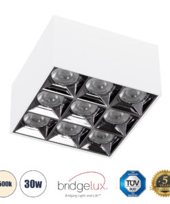 GloboStar® GloboStar® LUMINAR SUPERIOR 60338 Επιφανειακό LED Spot Downlight TrimLess 30W 4200lm 36° AC 220-240V IP20 Μ12 x Π12 x Υ6.6cm - Λευκό με Κάτοπτρο Χρωμίου - Φυσικό Λευκό 4500K - Bridgelux High Lumen Chip Gen2 - TÜV Certified Driver - 5 Years Warranty