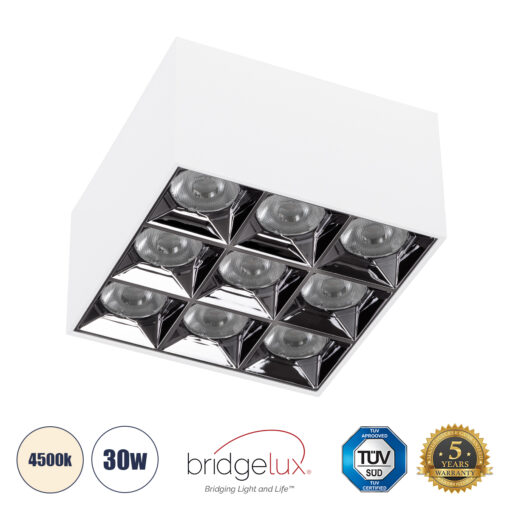 GloboStar® GloboStar® LUMINAR SUPERIOR 60338 Επιφανειακό LED Spot Downlight TrimLess 30W 4200lm 36° AC 220-240V IP20 Μ12 x Π12 x Υ6.6cm - Λευκό με Κάτοπτρο Χρωμίου - Φυσικό Λευκό 4500K - Bridgelux High Lumen Chip Gen2 - TÜV Certified Driver - 5 Years Warranty