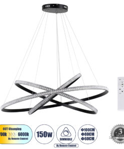GloboStar® GLOBOSTAR® DIAMOND TRIO 61140-DECO Μοντέρνο Κρεμαστό Φωτιστικό Οροφής LED 150W 18379lm 360° AC 220-240V IP20 Ρυθμιζόμενο Λευκό CCT με Χειριστήριο από 2700K έως 6000K Dimmable - Lumileds SMD Chip - Μαύρο - Μ60 x Π80 x Υ100cm - 3 Χρόνια Εγγύηση