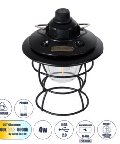 GloboStar® GloboStar® 85695 Αυτόνομο Φανάρι Camping LED 4W USB 2.0 με Επαναφορτιζόμενη Μπαταρία 1 x 18650 2000mAh Li-ion Power Bank IP20 Dimmable Μαύρο με Διάφανο Γυαλί CCT Εναλλαγή Φωτισμού μέσω On/Off All In One Ψυχρό 6000K+Φυσικό 4500K+Θερμό 2700K Φ13.5 x Υ17.5cm