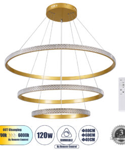 GloboStar® GLOBOSTAR® DIAMOND TRIO 61139 Μοντέρνο Κρεμαστό Φωτιστικό Οροφής LED 120W 14723lm 360° AC 220-240V IP20 Ρυθμιζόμενο Λευκό CCT με Χειριστήριο από 2700K έως 6000K Dimmable - Lumileds SMD Chip - Χρυσό Βούρτσας - Μ80 x Π80 x Υ60cm - 3 Χρόνια Εγγύηση