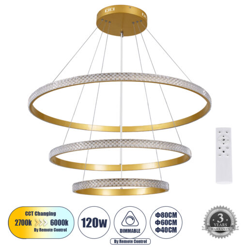 GloboStar® GLOBOSTAR® DIAMOND TRIO 61139 Μοντέρνο Κρεμαστό Φωτιστικό Οροφής LED 120W 14723lm 360° AC 220-240V IP20 Ρυθμιζόμενο Λευκό CCT με Χειριστήριο από 2700K έως 6000K Dimmable - Lumileds SMD Chip - Χρυσό Βούρτσας - Μ80 x Π80 x Υ60cm - 3 Χρόνια Εγγύηση
