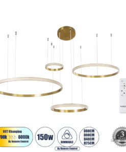 GloboStar® GLOBOSTAR® DIAMOND TETRA 61149 Μοντέρνο Κρεμαστό Φωτιστικό Οροφής LED 150W 18379lm 360° AC 220-240V IP20 Ρυθμιζόμενο Λευκό CCT με Χειριστήριο από 2700K έως 6000K Dimmable - Lumileds SMD Chip - Χρυσό Βούρτσας - Μ150 x Π150 x Υ60cm - 3 Χρόνια Εγγύηση