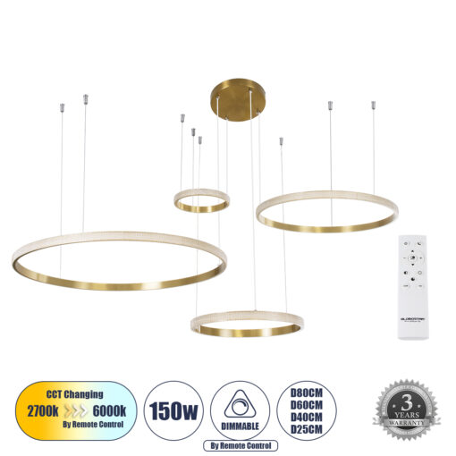 GloboStar® GLOBOSTAR® DIAMOND TETRA 61149 Μοντέρνο Κρεμαστό Φωτιστικό Οροφής LED 150W 18379lm 360° AC 220-240V IP20 Ρυθμιζόμενο Λευκό CCT με Χειριστήριο από 2700K έως 6000K Dimmable - Lumileds SMD Chip - Χρυσό Βούρτσας - Μ150 x Π150 x Υ60cm - 3 Χρόνια Εγγύηση